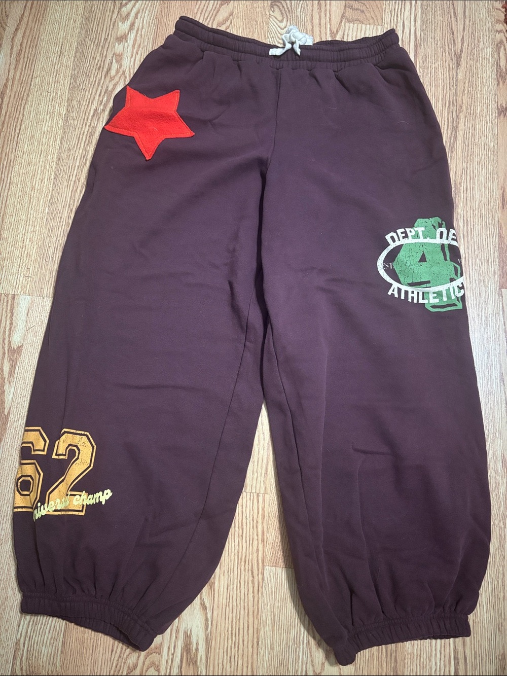 Women’s Brown Athletic Jogger Pants with Red Star & Green Graphic